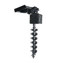Equipment attachments Augers: "Image of heavy machinery attachment: an auger used for drilling holes in the ground, commonly employed in construction, agriculture, and landscaping projects."