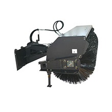 Brooms: "Image of heavy machinery attachment: industrial brooms used for sweeping, cleaning, and collecting debris, dust, and waste from surfaces such as roads, streets, and parking lots."