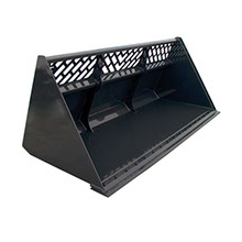 Buckets: "Image of heavy machinery attachment: buckets and scoops used for excavating, loading, transporting, and dumping materials such as soil, gravel, sand, and debris in construction and excavation projects."