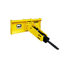 Equipment attachments Hammer: "Image of heavy machinery attachment: a hydraulic hammer used for breaking and demolishing materials in construction and excavation projects."
