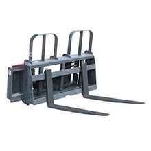 Hydraulic pallet forks: "Image of a heavy machinery attachment: pallet forks with built-in hydraulic system, allowing easy and precise adjustment of the fork width to accommodate different load sizes and pallets."