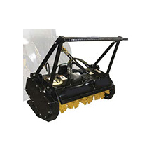 Mulcher: "Image of heavy machinery attachment: a branch and vegetation shredder used for clearing and shredding dense vegetation, shrubs, and small trees in land maintenance projects, vegetation control, and forest clearing."