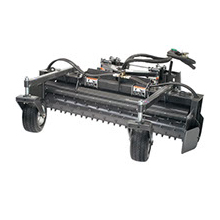 Rakes: "Image of heavy machinery attachment: a land rake used for leveling, cleaning, and gathering loose materials such as soil, debris, and vegetative waste in construction, agriculture, and landscaping projects."