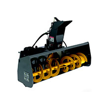 Snowblower: "Image of heavy machinery attachment: a snowblower mounted on a vehicle or specialized equipment, used to remove large amounts of snow from roads, streets, sidewalks, and outdoor areas."