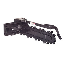 Equipment attachments Trencher: "Image of heavy machinery attachment: a trench excavator used for digging narrow and deep trenches in the ground, commonly employed in pipeline installation, cable laying, and drainage projects."