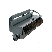 Equipment attachments Trenchfiller: "Image of heavy machinery attachment: a trench filler used to backfill excavated trenches with materials such as soil, gravel, or concrete in infrastructure and pipeline projects."